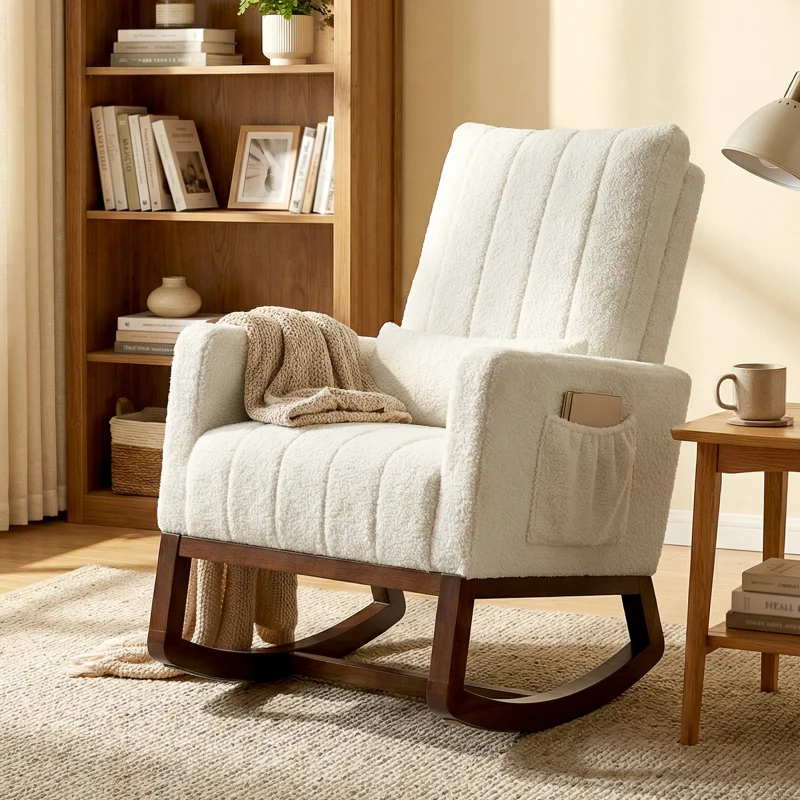 HOMCOM Sillón mecedor acolchado en franela nieve, cojín lumbar, respaldo alto, bolsillos laterales, crema