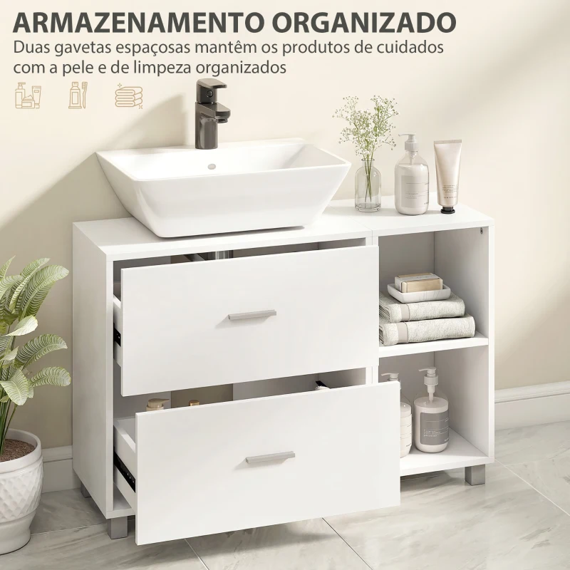 HOMCOM Móvel para Lavatório, Armário de Casa de Banho com 2 Gavetas e 2 Prateleiras Abertas, para Lavatório com Pedestal, 90x30x60 cm, Branco