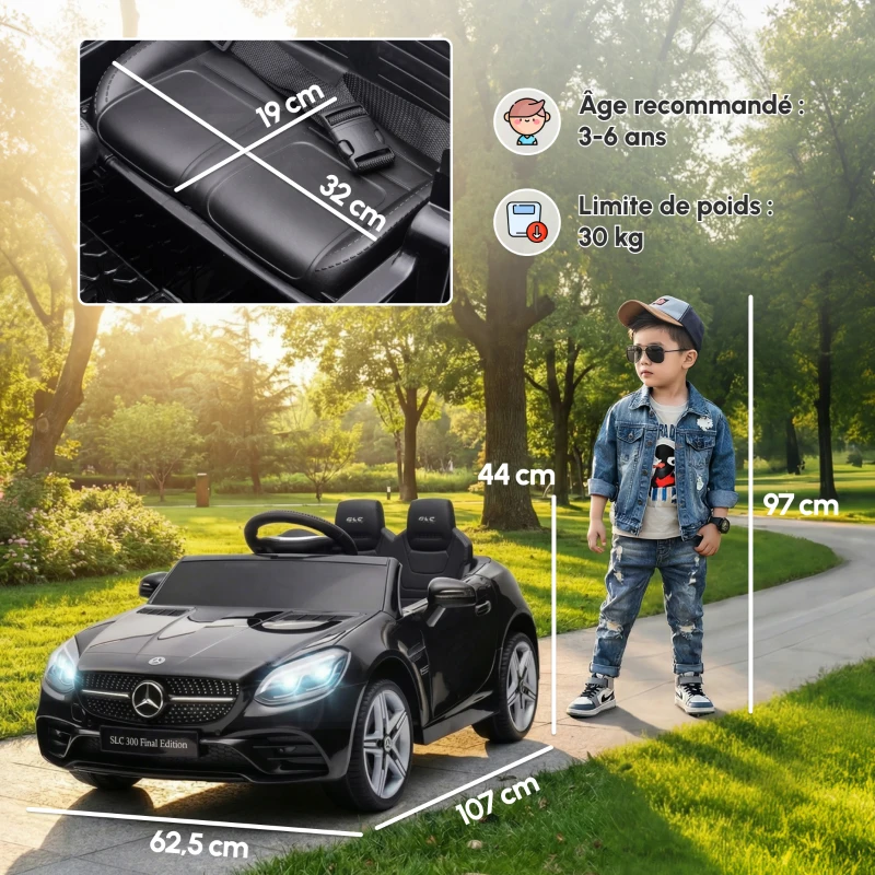 AIYAPLAY Voiture électrique enfants licence Mercedes SLC 300 12V V. Max. 5 Km/h effets sonores lumineux télécommande noir(m-3)