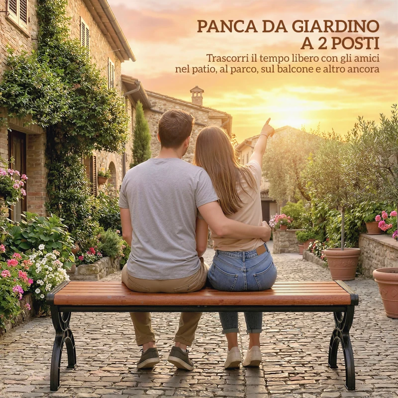 Outsunny Panchina da esterno 2 posti in metallo, 124x39x39 cm, Legno e Nero