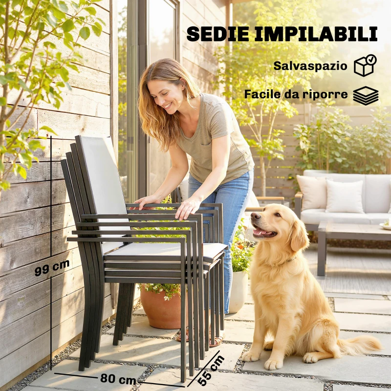 Outsunny Set da Giardino 5pz con 4 Sedie Impilabili e Tavolo in Vetro Temperato con Foro per Ombrellone, Grigio Chiaro