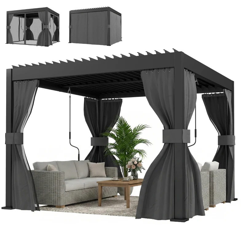 Outsunny 3 x 3 m Louvered Pergola with Adjustable Metal Louvred Roof, Aluminium Patio Gazebo with Netting and Curtains, Dark Grey