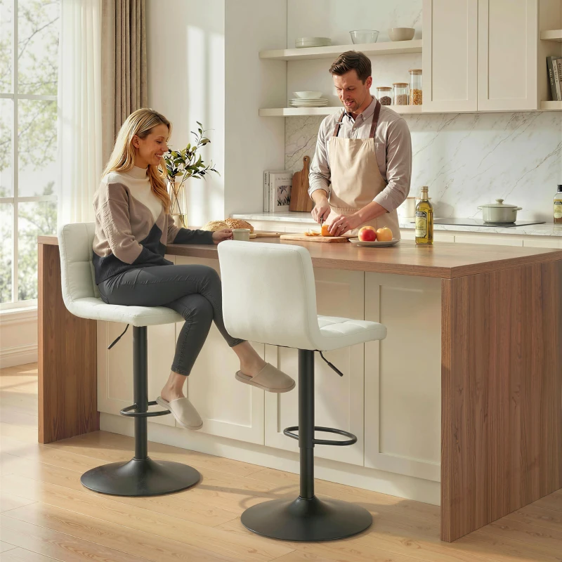 HOMCOM Set 2 Taburetes de Bar Regulables con Reposapiés, en Piel PU y Acero, 39.5x44x88-110 cm, Crema