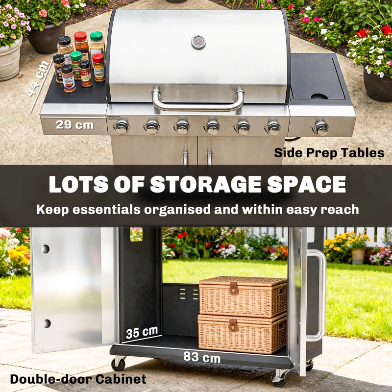 Outsunny Gasbarbecue 18,6 kW 6+1 branders BBQ met thermometer, warmhoudrek, zijtafels en opbergkast