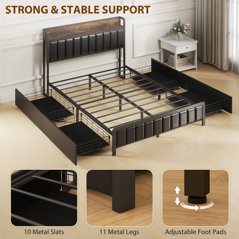 HOMCOM Cadre de lit 140 x 190 cm avec sommier à lattes en métal, lit double rembourré avec 4 tiroirs et étagère, noir