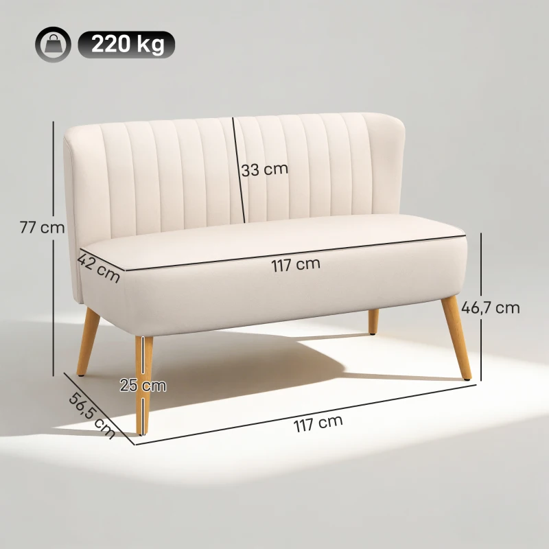 HOMCOM Sofá diseño retro 2 plazas, patas de madera, 117 cm x 56,5 cm x 77 cm, blanco crema