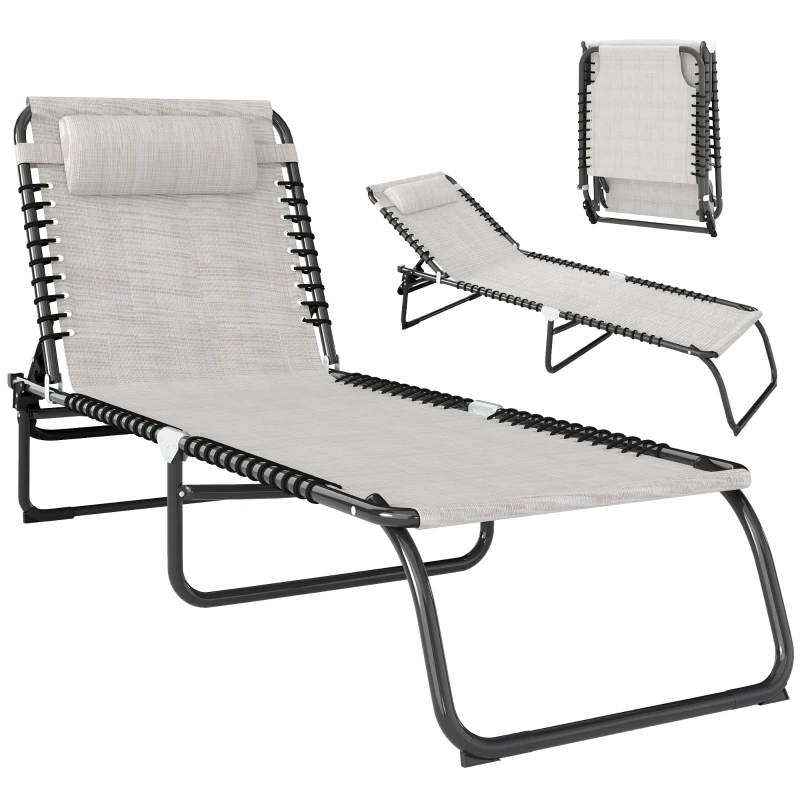 Outsunny Foldable Sun Lounger, Outdoor 4 Level Adjustable Backrest Reclining Chaise Chair, Steel Frame Recliner Chair for Camping, Hiking, Cream White