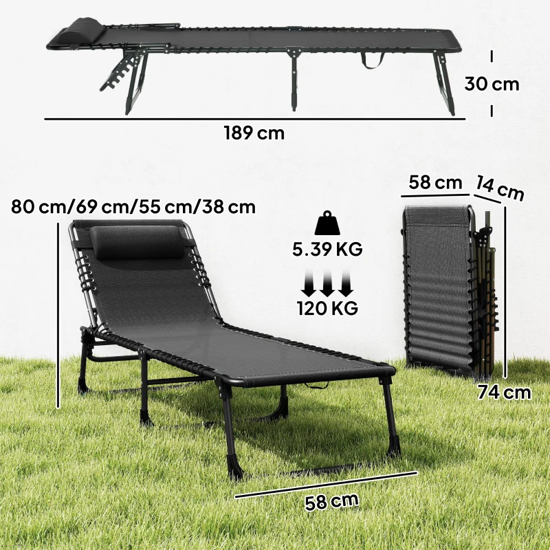 Outsunny Foldable Sun Lounger, Outdoor 4 Level Adjustable Backrest Reclining Chaise Chair, Steel Frame Recliner Chair for Camping, Hiking, Black