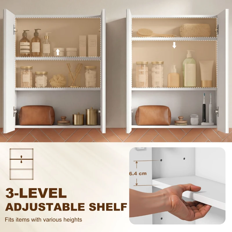 HOMCOM Wall Mounted Bathroom Mirror Storage Cabinet w/ Door Adjustable Shelf, White