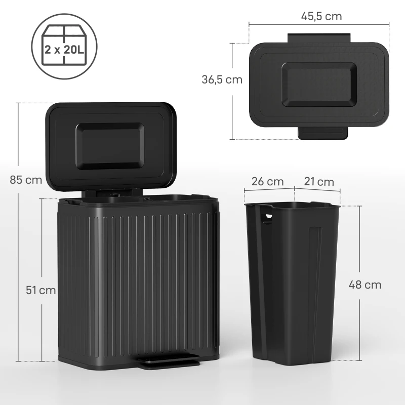 HOMCOM Cubo de basura para cocina, 2 x 20 L compartimentos, separación de residuos eficiente, pedal, plástico, metal, negro