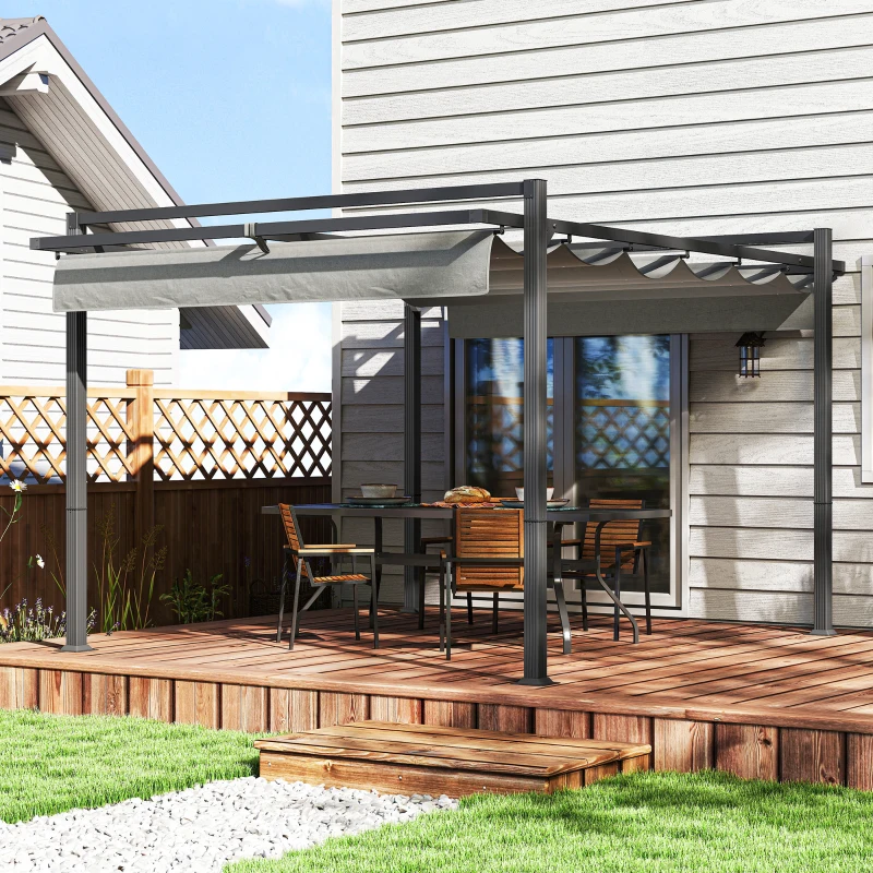 Outsunny 3 x 4m Retractable Pergola, Garden Gazebo Shelter with Aluminium Frame, for Grill, Patio, Deck, Dark Grey