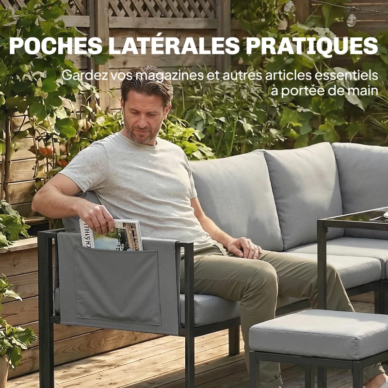Outsunny Salon de Jardin Canapé d'Angle Extérieur 6 Pièces Coussins 10cm Table Haute et 2 Repose-pieds Gris