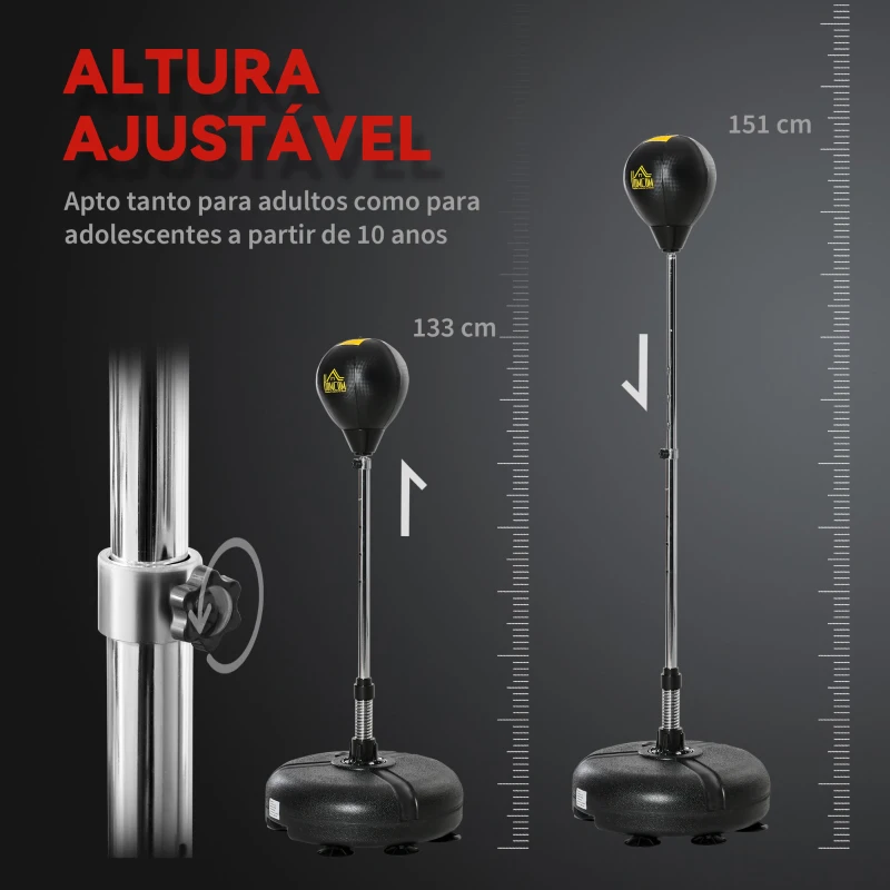 HOMCOM Saco de Boxe de Pé com Altura Ajustável de 4 Níveis Base Preenchida Luvas e Inflador Ø45x133-151 cm Preto