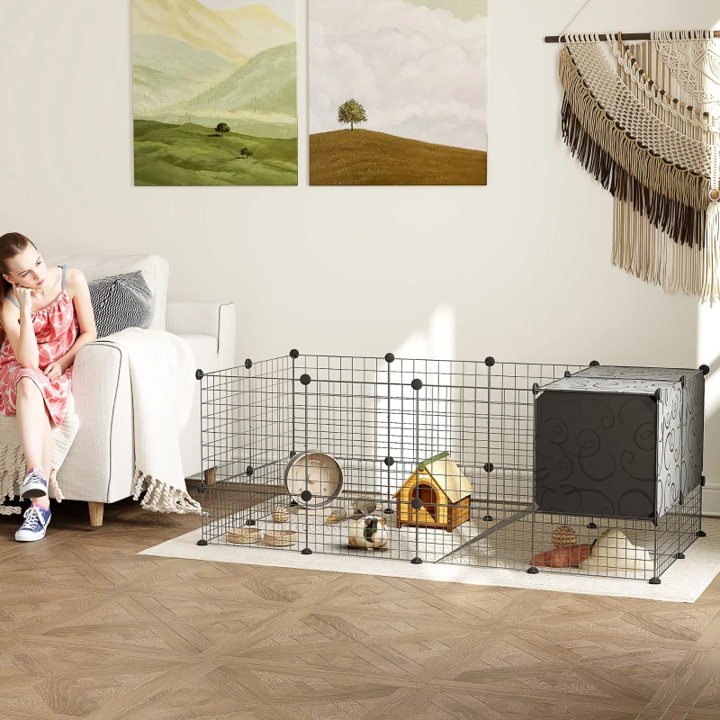 PawHut Cercado para pequenos animais, gaiola modular para coelhos 31 painéis com tocas elevadas, em aço, 140x70x52cm, preto