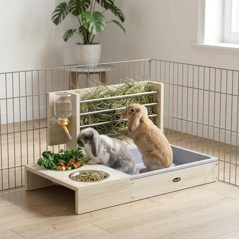 PawHut Heuraufe für Kaninchen mit Auffangschublade Heuraufe aus Holz mit Edelstahlschüssel und Wasserflasche