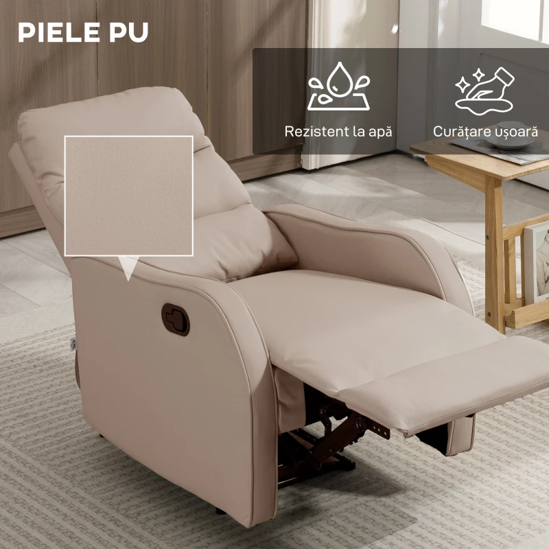 HOMCOM Fotoliu Reclinabil 160° cu Suport pentru Picioare, din Piele PU, Lemn și Oțel, 65x89x100 cm, Maro Deschis
