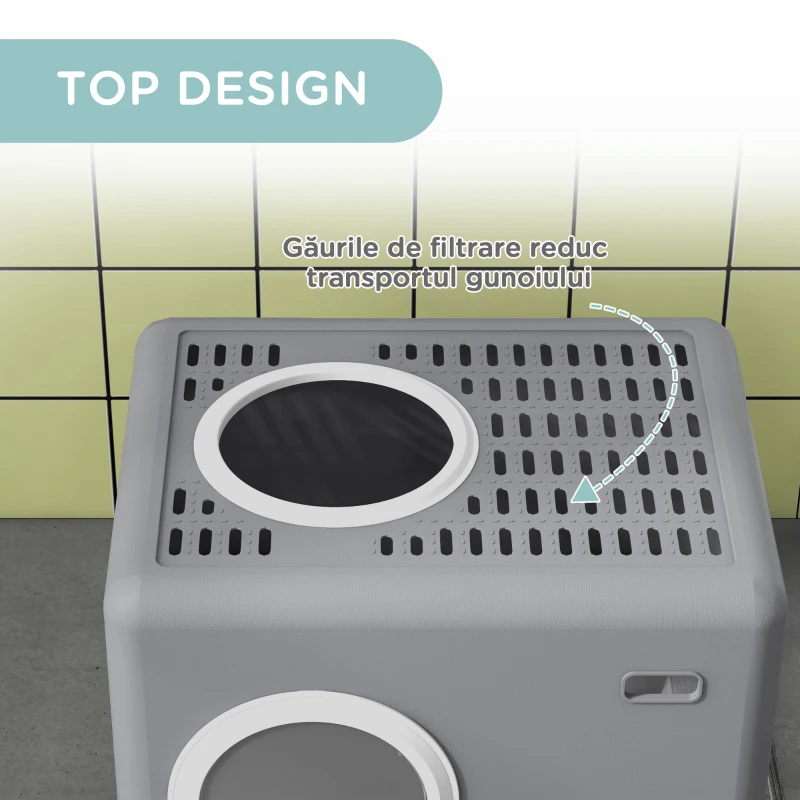 PawHut Lădiță pentru Pisici cu Capac și Lopățică, Intrare Dublă și Tavă Detașabilă, 52x41x38,5 cm, Gri