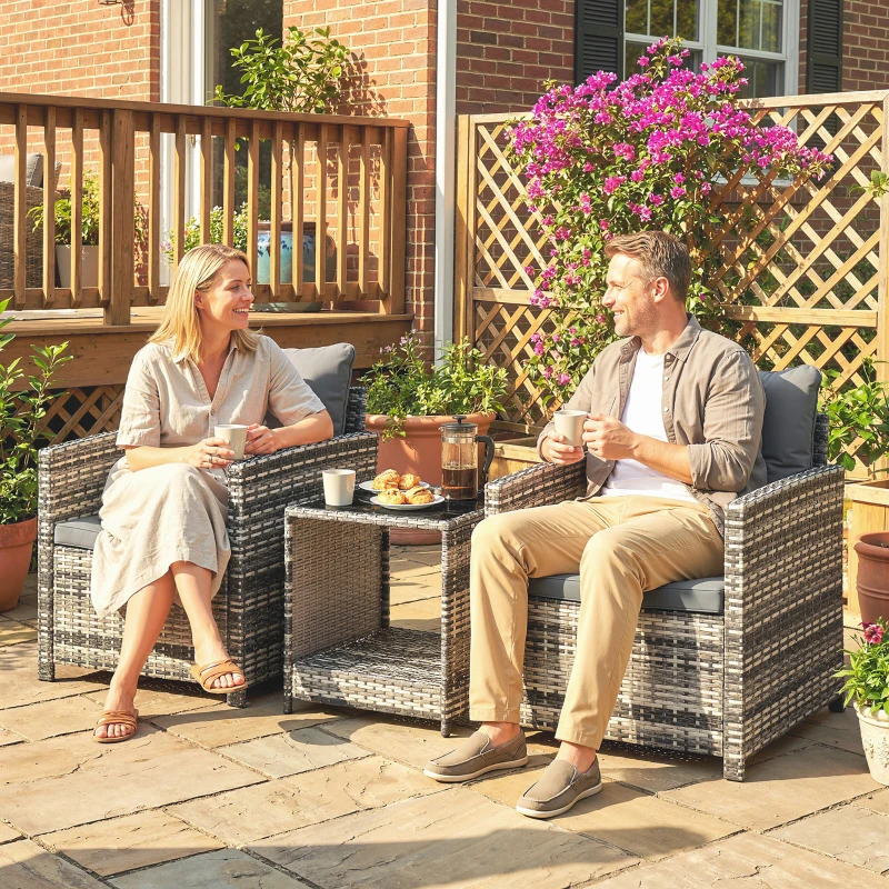 Outsunny Set da giardino 3 pezzi in rattan con tavolo e 2 poltrone, 62x65x75 cm, Grigio chiaro