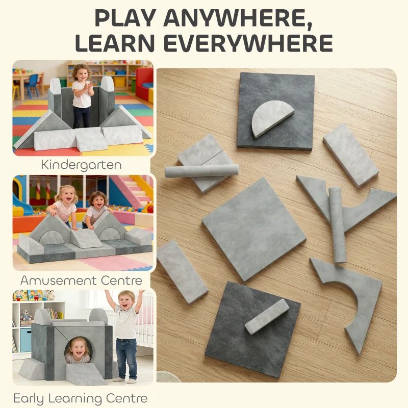 AIYAPLAY Kids Play Sofa, 12 Pieces Foam Modular Soft Play Set for Playroom, Children Convertible Sofa for Boys and Girls, Grey
