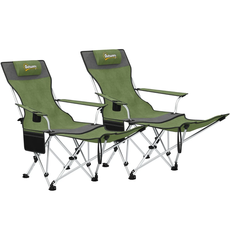 Outsunny Set 2 Sillas de Camping Plegables con Reposapiés y Portavasos, 82x50/100x88 cm, Verde