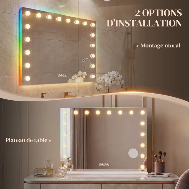 HOMCOM Miroir maquillage Hollywood 18 ampoules LED, 3 couleurs d'éclairage, lumière RGB, haut-parleur Bluetooth, blanc