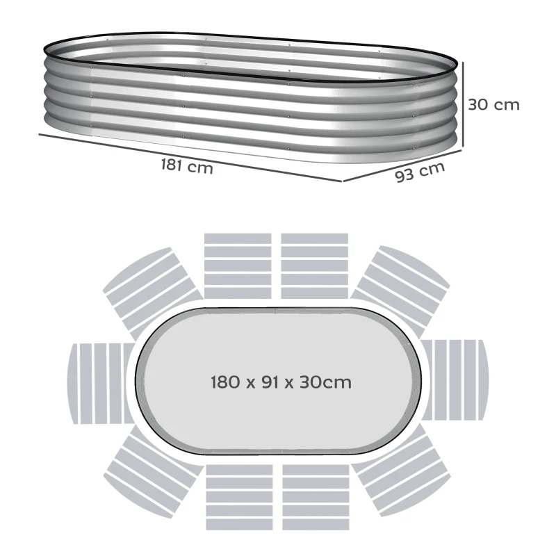 Outsunny Jardineira elevada em aço galvanizado canteiro de jardim borda de borracha 181 x 93 x 30 cm prata