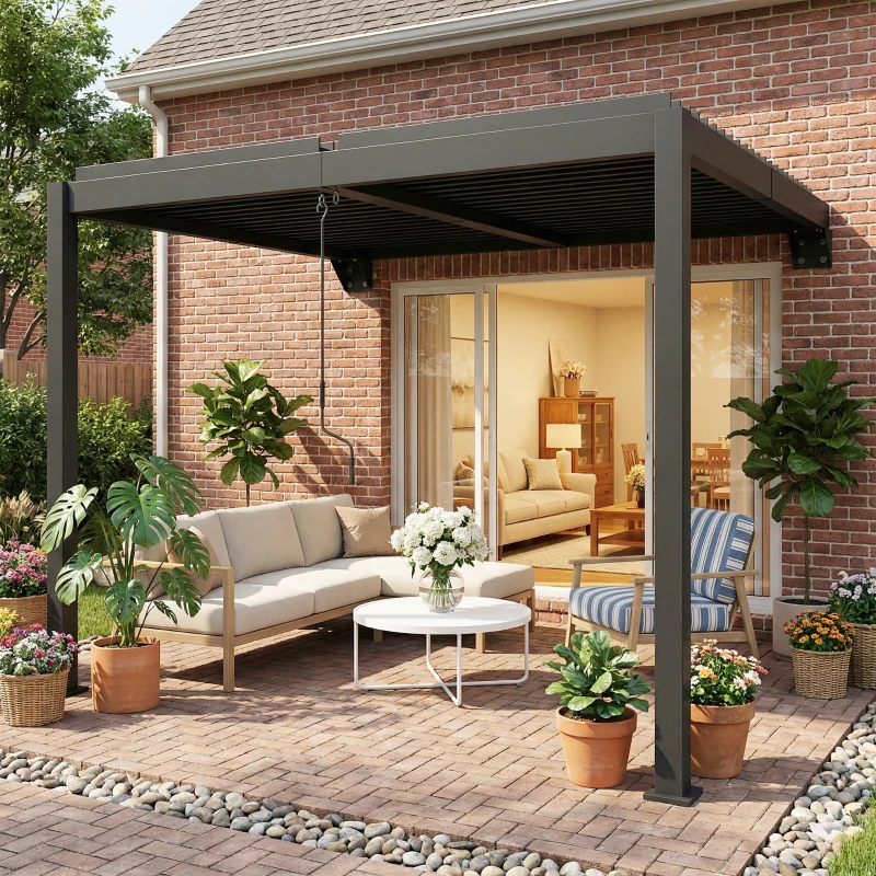 Outsunny Pérgola aprox. 3x3 m Cubierta de terraza de aluminio con techo de lamas ajustable Montaje en pared Gris oscuro