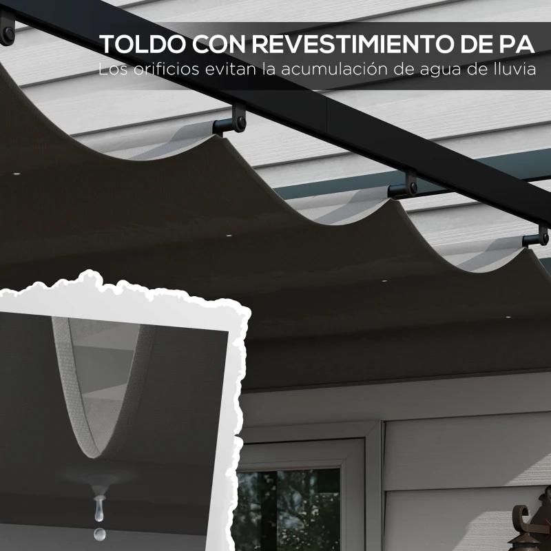 Outsunny Cenador de Jardín 3x4 m con Techo Retráctil de Poliéster y 12 Orificios de Drenaje Pérgola para Terraza Gris Oscuro