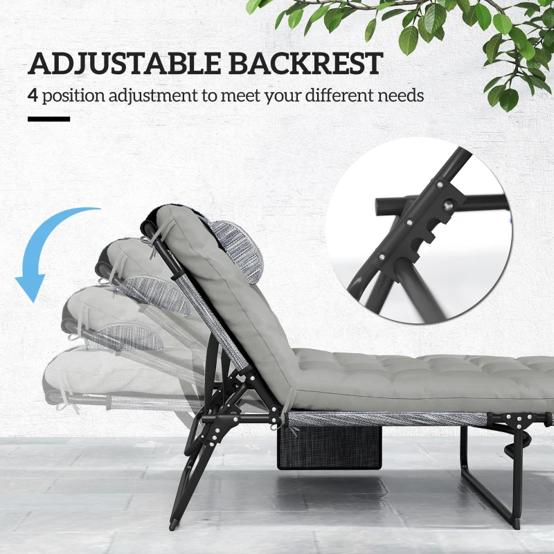 Outsunny Leżak ogrodowy, regulowane 4-poziomowe oparcie, poduszka, kieszeń boczna, zagłówek, 68 x 189 x 33 cm, szary