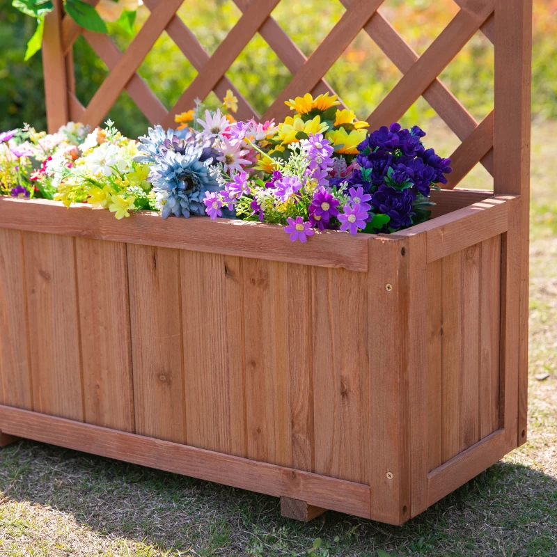 Outsunny 72.5 x 31.5 x 149.5 cm 45L Garden Wooden Pine Trough Planter with Topped Trellis Climbing Plants Flower Raised Bed, Orange