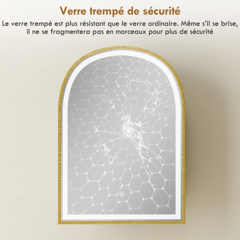HOMCOM Armario de pared para baño con espejo e iluminación LED, puerta arqueada, antivaho, 50x14,5x70cm, dorado