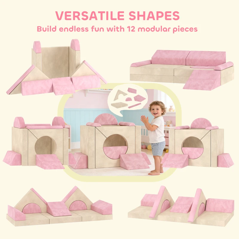 AIYAPLAY Kids Play Sofa, 12 Pieces Foam Modular Soft Play Set for Playroom, Children Convertible Sofa for Boys and Girls, Pink