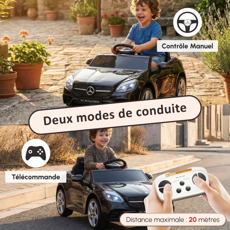 AIYAPLAY Voiture électrique enfants licence Mercedes SLC 300 12V V. Max. 5 Km/h effets sonores lumineux télécommande noir(m-5)