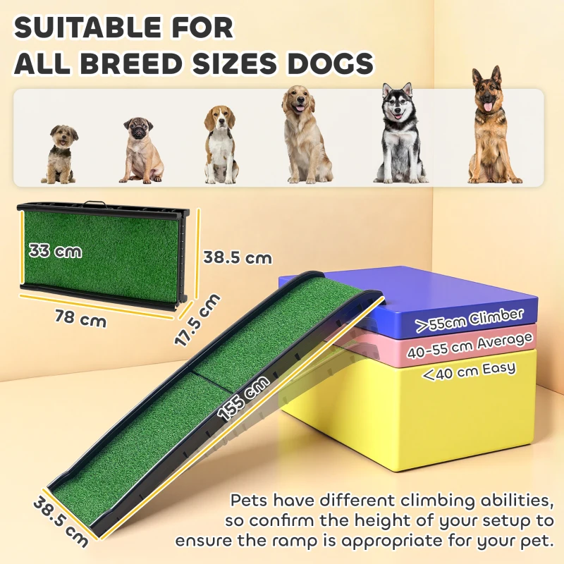 PawHut Foldable Dog Ramp with Artificial Anti-slip Surface, Portable & Lightweight, for Cars, Home, 155 x 38.5 x 15.5 cm
