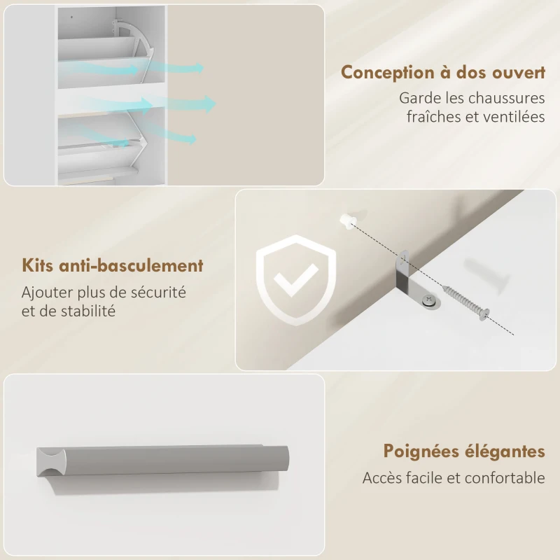 HOMCOM Zapatero 8 pares, armario para zapatos, 2 cajones abatibles, estantes regulables y compartimento, blanco