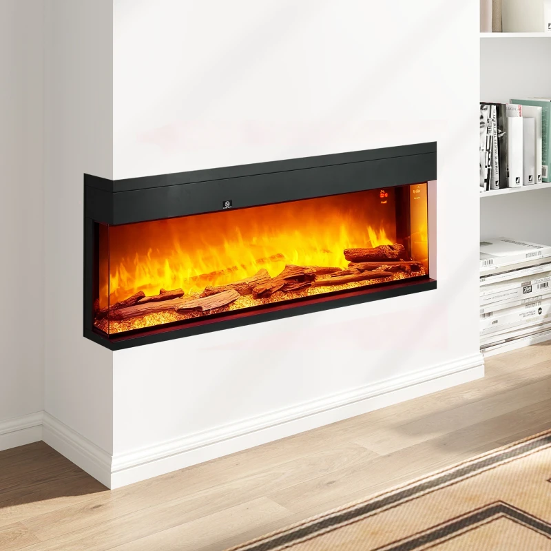 HOMCOM Camino Elettrico da Incasso e Parete 1800W con Fiamme Colorate LED Regolabili, Temperatura fino 40°C, Nero