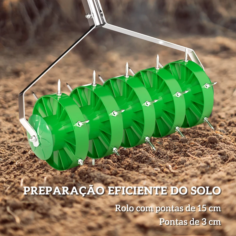 Outsunny Rolo Aireador de Relva Manual com Pontas e Cabo Desmontável em Três Peças para Jardim Pátio 45x21x140 cm Verde Escuro