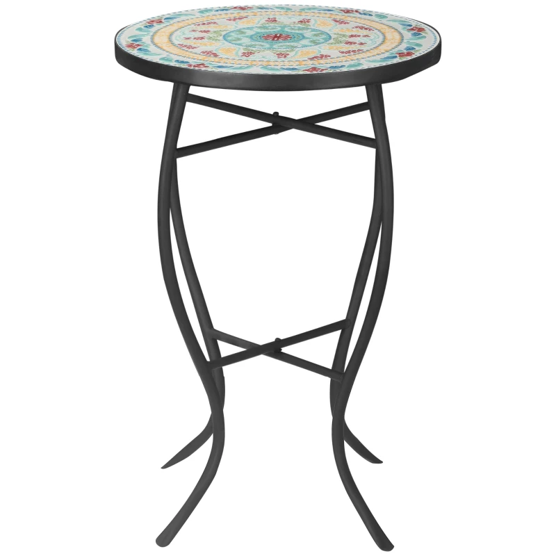 Outsunny Mesa de Jardín Redonda Mesa Auxiliar de Mosaico con Patas de Metal para Patio Terraza Exterior Balcón Ø35,5x53,5 cm Turquesa