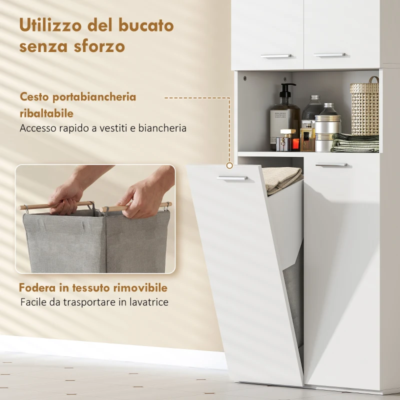 HOMCOM Mobile da Bagno a 2 Ante con Cesto Portabiancheria a Ribalta e Ripiano Aperto, 60x30x174 cm, in Legno, Bianco