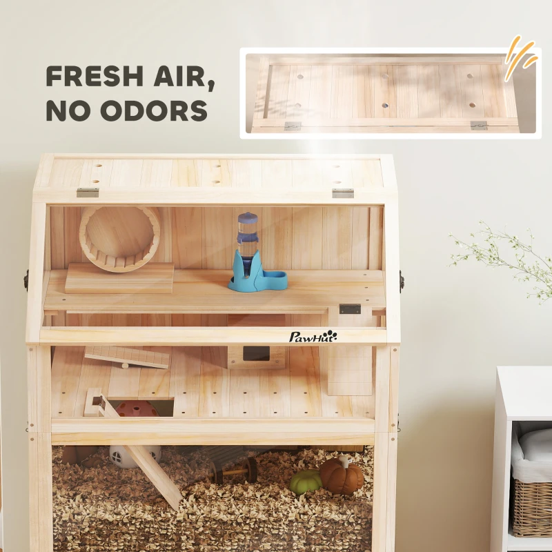 PawHut Gaiola para Hamster em Madeira 3 Andares Gaiola para Roedores com Base Removível Prateleira Roda de Exercício Gangorra Rampa Casinha 80x53x117cm Madeira natural