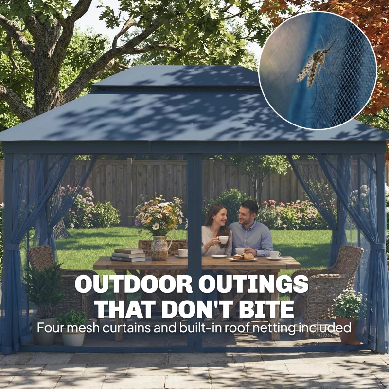 Outsunny 3 x 4 m Outdoor Garden Gazebo with Netting and Curtains, UPF50+ Patio Gazebo Permanent Pavilion Canopy, Dark Blue