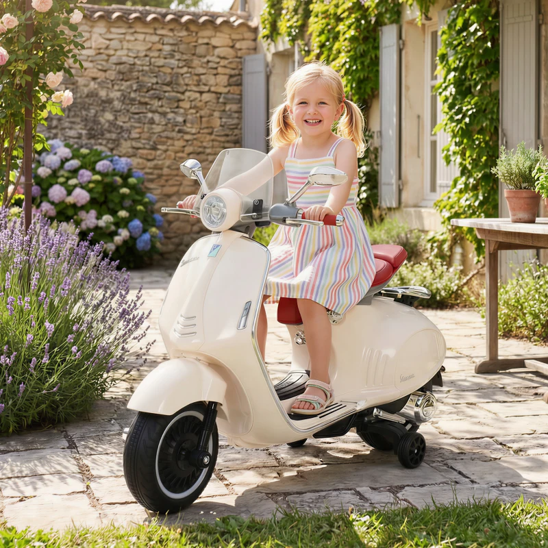 HOMCOM Vespa Scooter Moto électrique Enfants 6 V dim. 108L x 49l x 75H cm Musique klaxon 2 roues auxiliaires, 3-6 ans, Blanc