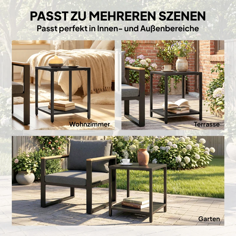 Outsunny Mesa auxiliar 45 x 45 cm resistente a la intemperie mesa de jardín con diseño de lamas estante y patas ajustables 30kg de carga