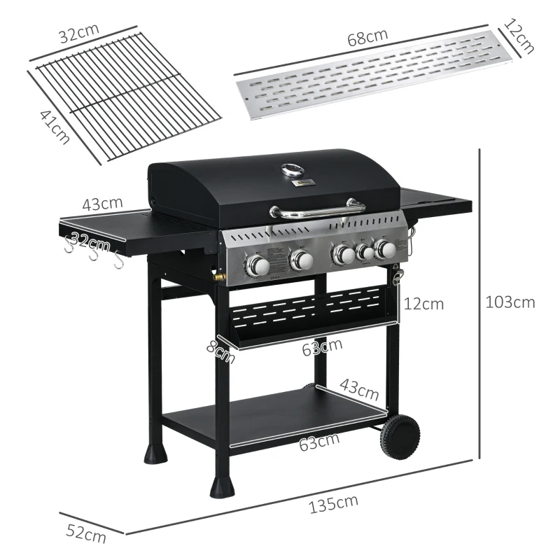 Outsunny Barbecue à gaz 4+1, barbecue au gaz propane 12,5 kW roulettes, grille chauffante, étagères, thermomètre, décapsuleur
