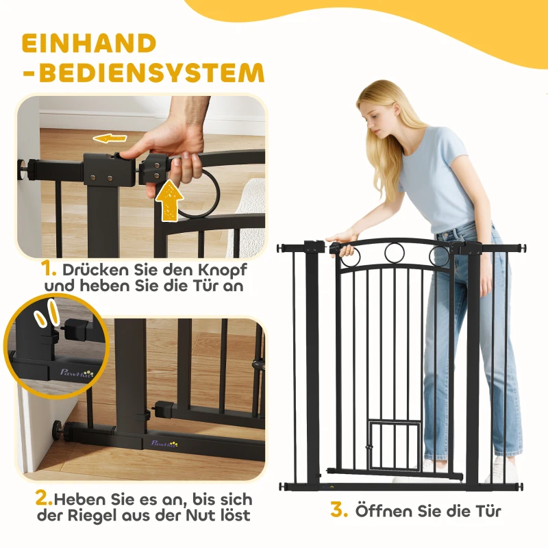 PawHut 106 cm hohes Haustiergitter mit anpassbarer Breite, integrierte Katzentür, für Treppen und Türrahmen, Schwarz