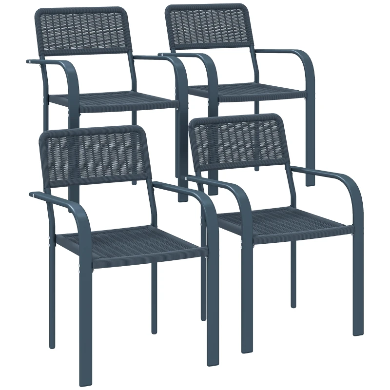 Outsunny Conjunto de 4 Cadeiras de Jardim Empilháveis com Apoios de Braços Encosto e Estrutura de Aço 55x60x83 cm Cinzento Escuro