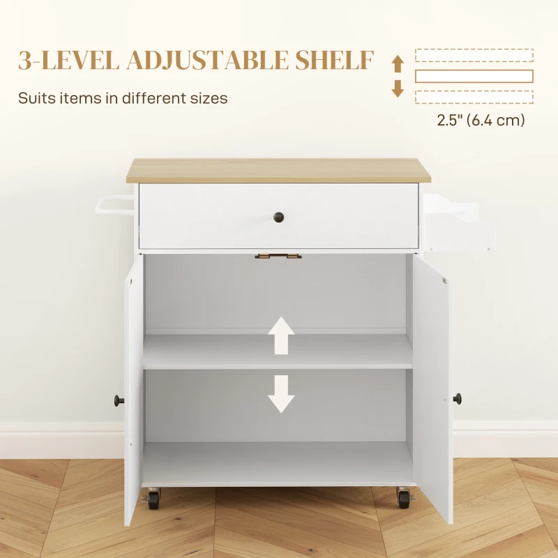 HOMCOM Insulă de Bucătărie cu Sertar, Dulap, Suport pentru Condimente și Prosoape, 106x42x87 cm, Alb și Stejar