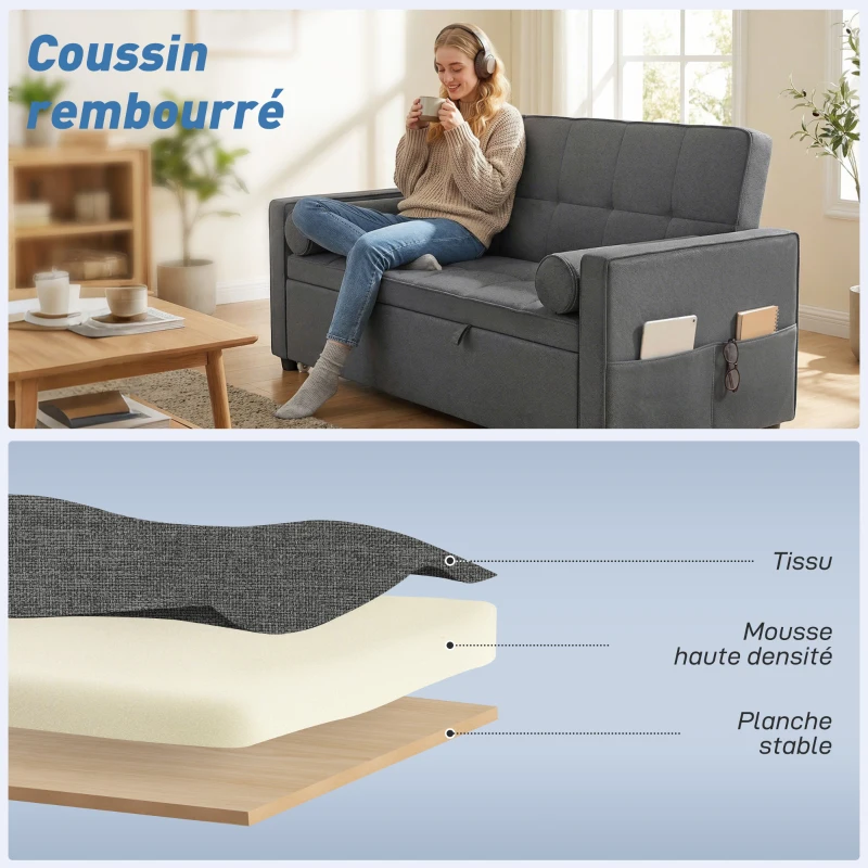 HOMCOM Canapé convertible 2 places 3 en 1 canapé-lit avec lit gigogne double dossier réglable 2 coussins 80,5x137,5x84cm gris