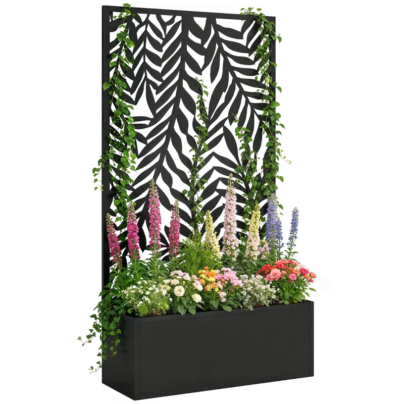 Outsunny Jardinera con privacidad y enrejado motivos de hojas tropicales 61 x 23 x 113 cm Negro