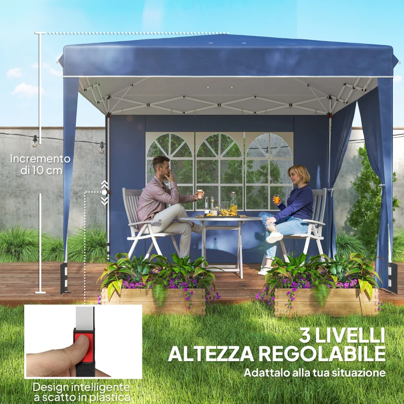 Outsunny Gazebo Dobrável 3x3 m com Paredes e Altura Ajustável, Proteção UV 50+, Azul Escuro